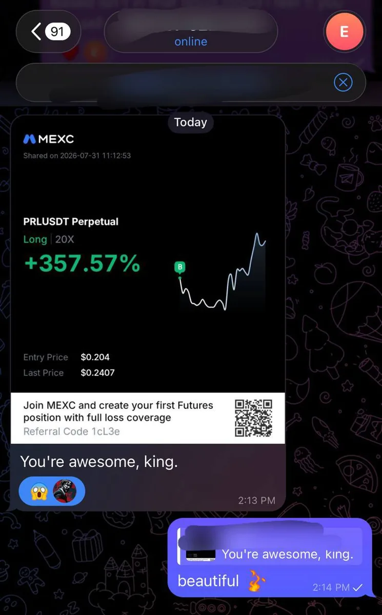 Verified crypto signal execution proof by High Table Member #442 - 5 Star Review: You're awesome, king  -  PRL 20X +357%